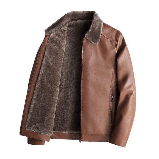 New product: Thick velvet leather jacket for middle-aged and elderly men, PU leather jacket for autumn and winter, Korean versio - 2bazar4