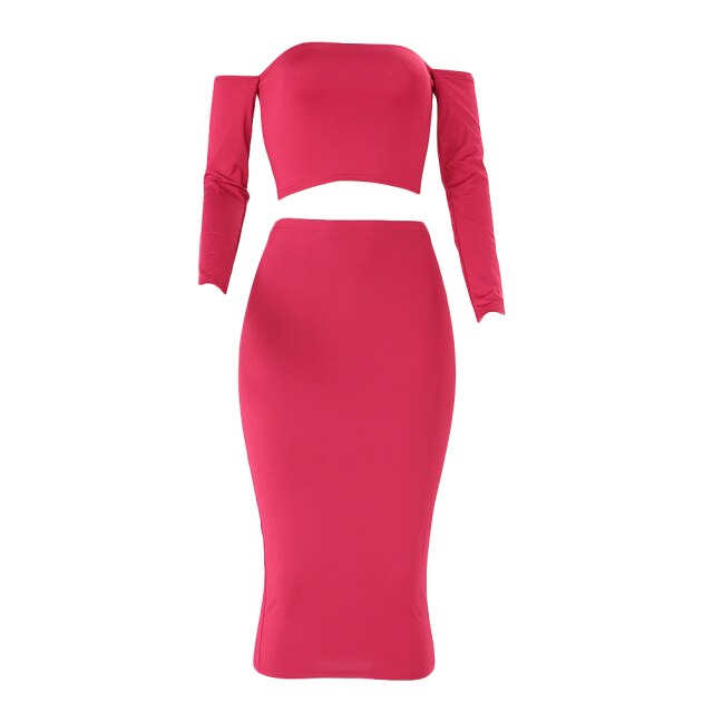 Sexy Women Two Pieces Set Off Shoulder Lace Up Back Long Sleeve Backless Crop Top Bodycon Pencil Skirt Set - 2bazar4