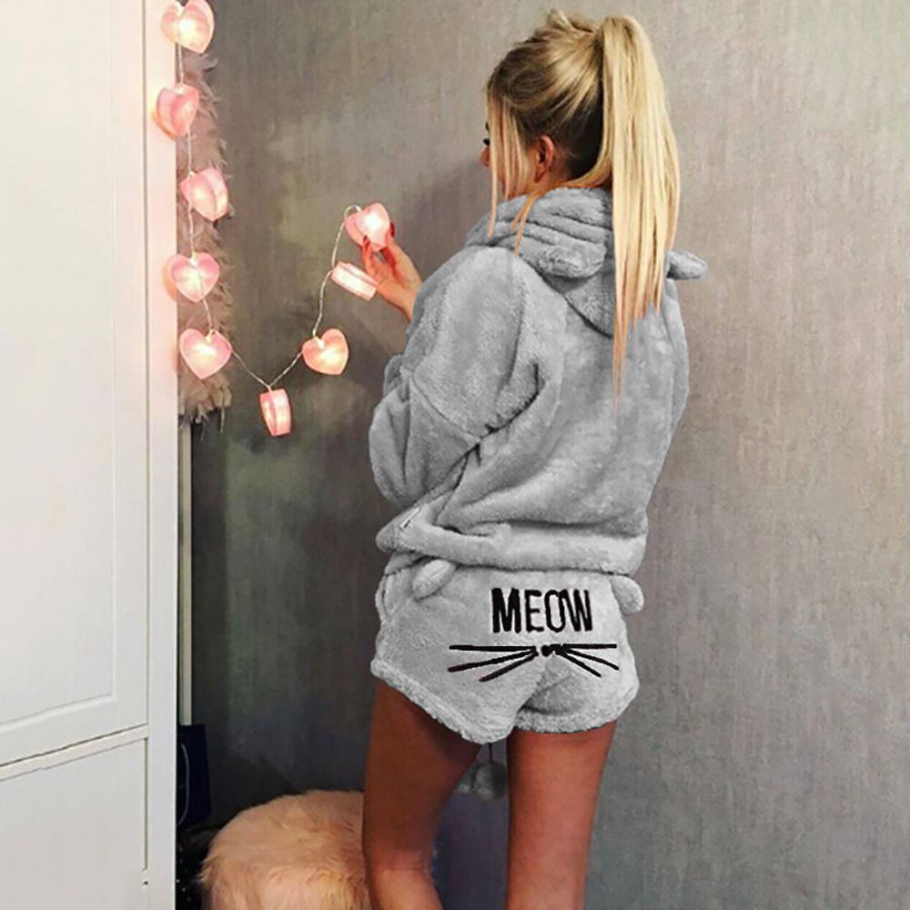 Women Pajama Sets Winter Warm Pyjamas Ladies Homewear Sleepwear Cartoon Cat Embroidery Female Nightgown Suit - 2bazar4