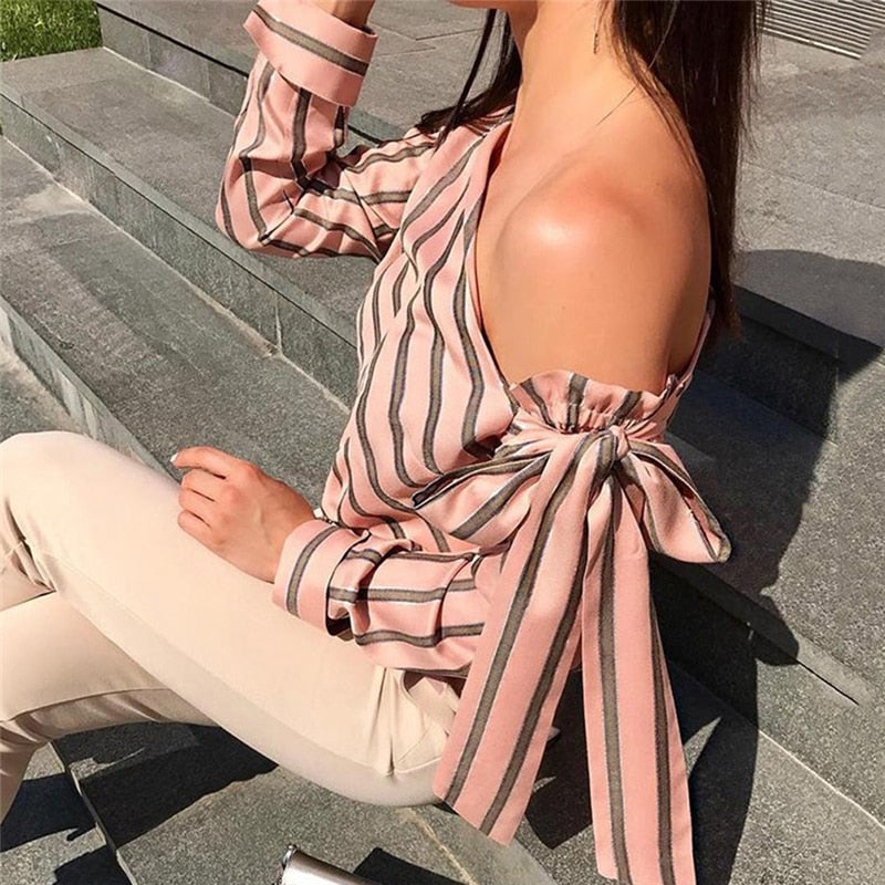 Summer Women Striped Loose Blouse Fashion Lady Off Shoulder Lace Up Shirts Female Elegant Tops - 2bazar4