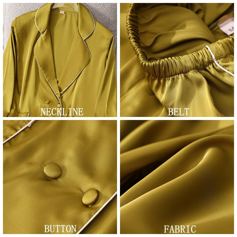 2 Pieces Faux Silk Satin Pajamas Set Autumn Women Sleepwear - 2bazar4