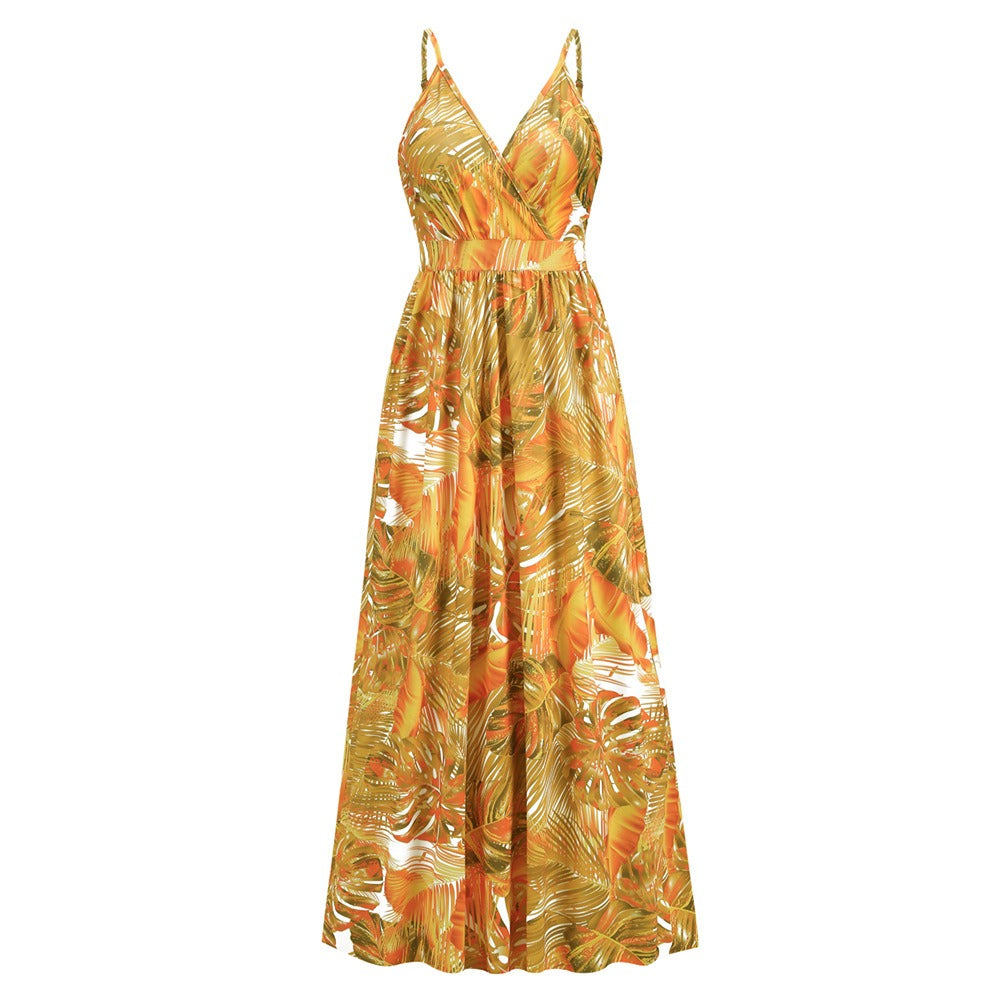 Women's New Bohemian Print Dress Long Sexy V-Neck Halter Dress - 2bazar4