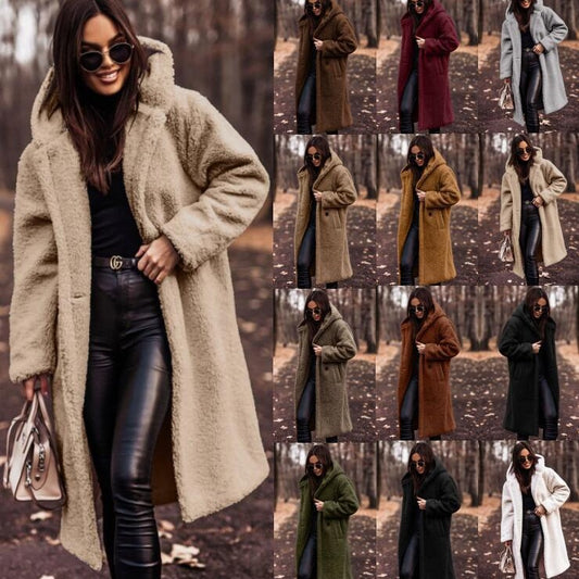 Long net color long sleeved woolen women's coat - 2bazar4