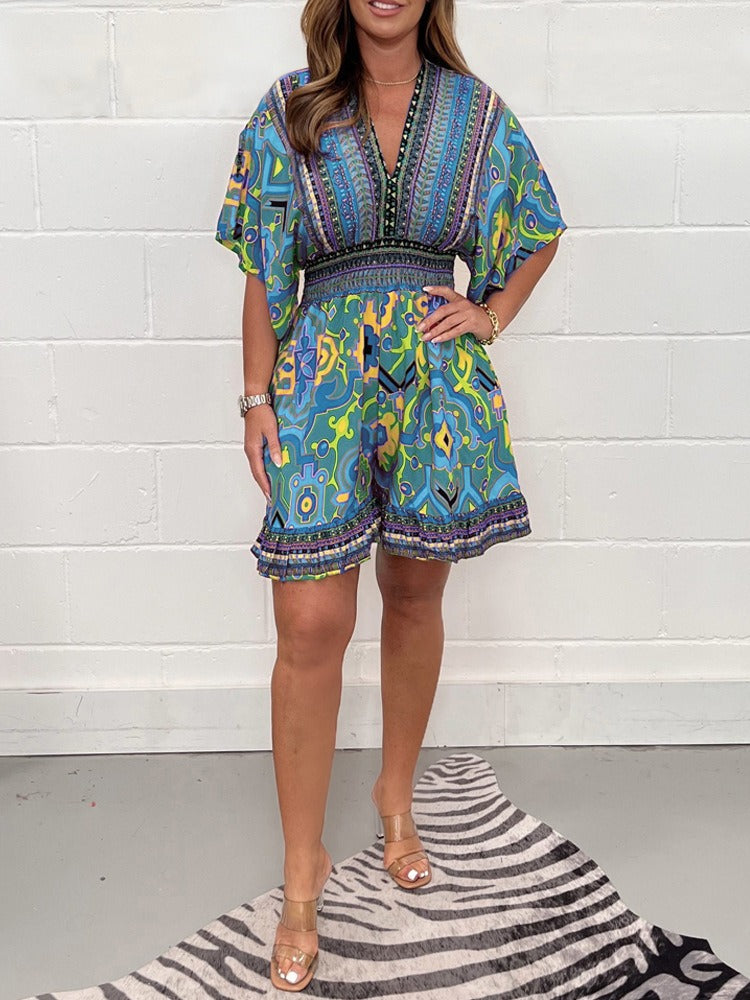 Women's short-sleeved printed V-neck ethnic style jumpsuit - 2bazar4