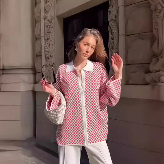 Fresh and sweet color blocked polo collar jacket cardigan for autumn and winter women's clothing - 2bazar4