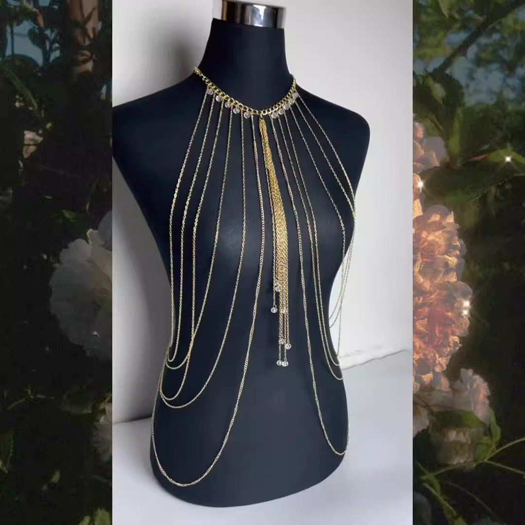 New Hot Selling Fashion Sexy Crystal Multi layered Tassel Long NecklacHot Selling Fashion Sexy Crystal Multi layered Tassel Long Necklace Body Chain Beauty Body Chain WomenMaterial: AlloySize:45cm+6cm