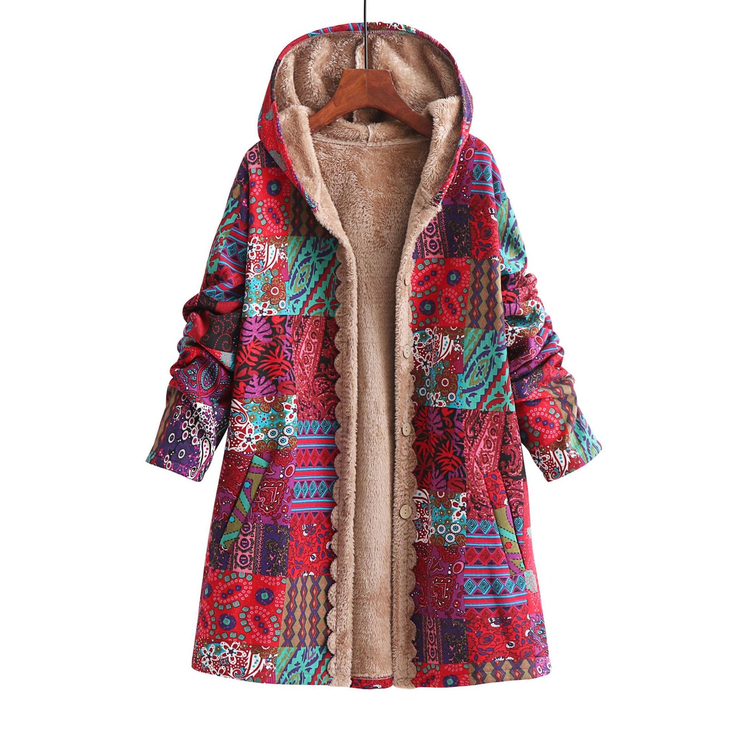 Fashionable Cotton Linen Printed Hoodie Sweatshirt with Fleece Lining for Women Winter Warm Outerwear
