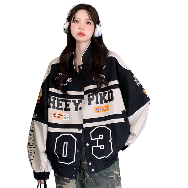 American retro motorcycle baseball uniform, autumn loose jacket, women's streetwear style, racing trend - 2bazar4