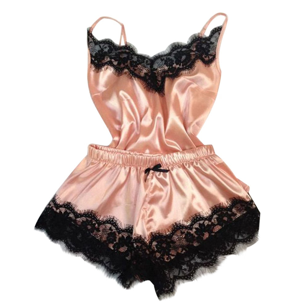 Women's Sleepwear Sexy Satin Pajama Set Black Lace V-Neck Pyjamas Sleeveless Cute Cami Top and Shorts pijama mujer algodon veran - 2bazar4