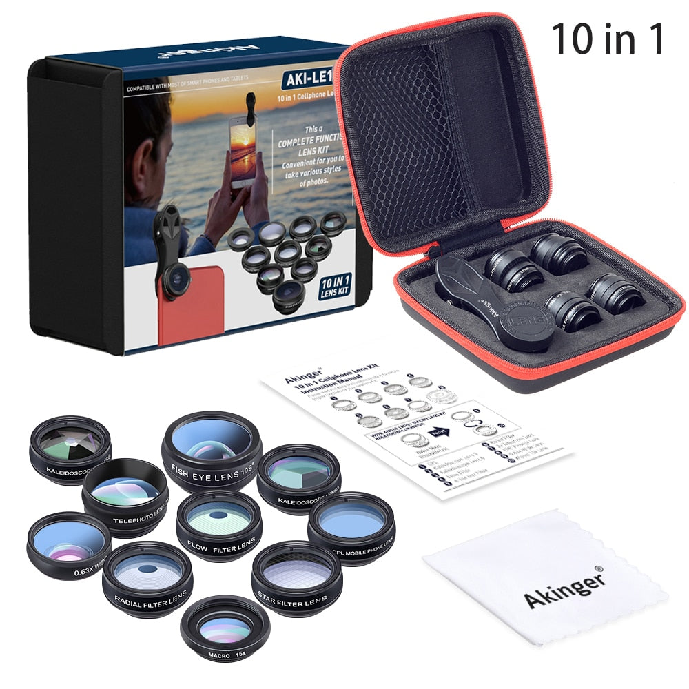 Akinger 4in1 5in1 7in1 10in1 13in1 Phone camera Lens Kit Fisheye Wide Angle macro telescope for iphone xiaomi android phone - 2bazar4