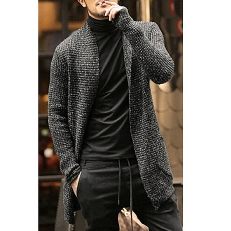 Knitted Cardigan Sweater Men Autumn Mens Long Sweater Jacket Casual Slim Fit Trench Knitwear Sweaters Streetwear Tops Gray - 2bazar4