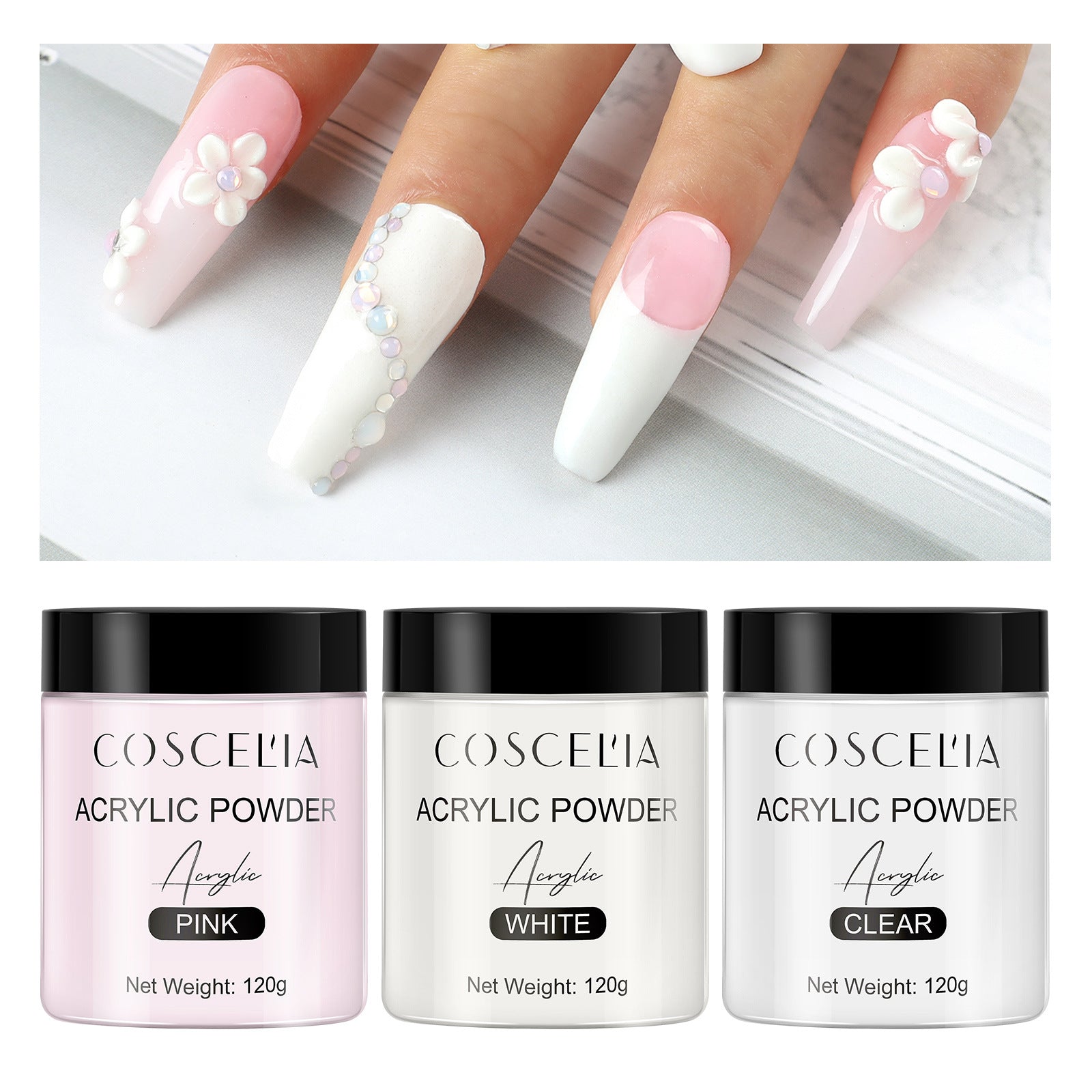 COSCELIA New 120g White Powder Transparent Crystal Powder 150ML Crystal Liquid Nail Shop Nail Tool Set - 2bazar4