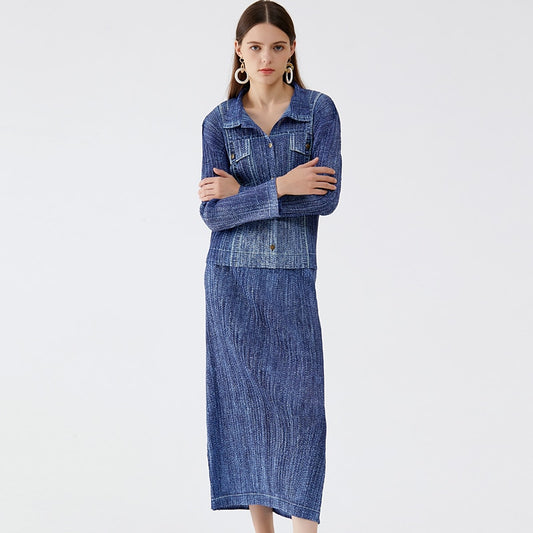 Miyake Denim Women's Korean Version Denim Shirt Spring Thin Top Slim Skirt Net Infrared Matching Suit - 2bazar4