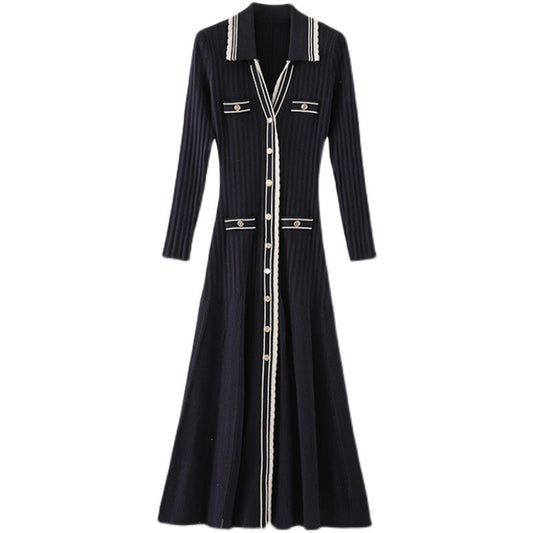 Long Dress French Contrast Stripe Small Fragrance Long Sleeve Knitted Dress Women's Autumn SFPRO02173 - 2bazar4