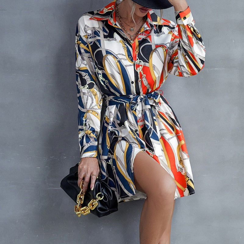 Mid Length Lapel Single Breasted Lace Up Printed Color Block Shirt Shirt Skirt Top - 2bazar4