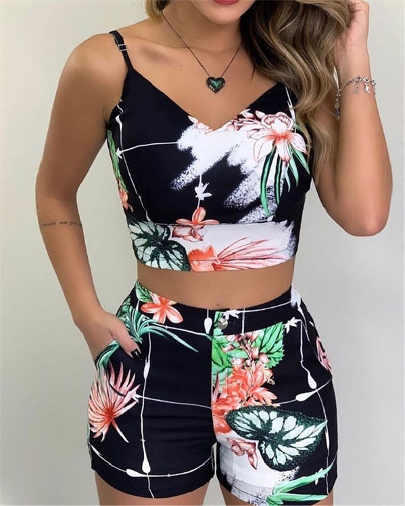 Summer Women Fashion 2-piece Outfit Set Sleeveless Print Top and Shorts Set for Ladies Women Party wear - 2bazar4