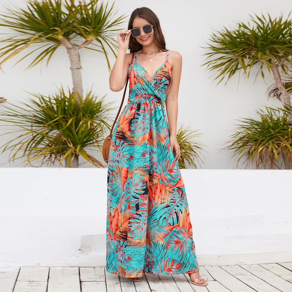Women's New Bohemian Print Dress Long Sexy V-Neck Halter Dress - 2bazar4