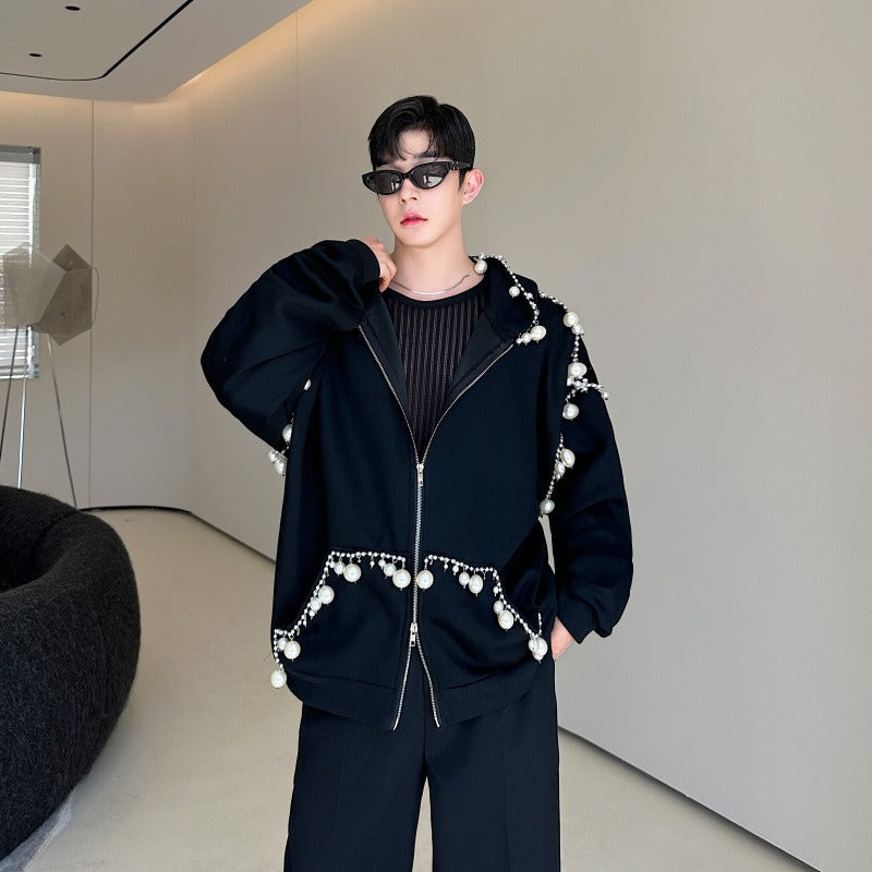 Handmade pearl decoration cardigan sweatshirt for men and women - 2bazar4