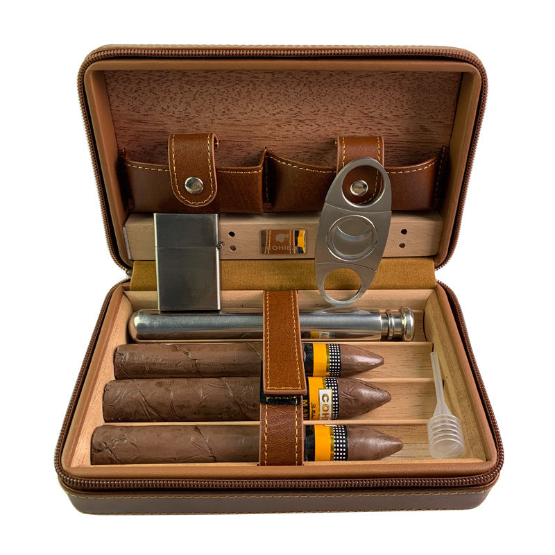 Carved version cigar box portable cedar wood cigar moisturizing box cowhide cigar box storage box Gaoxiba - 2bazar4