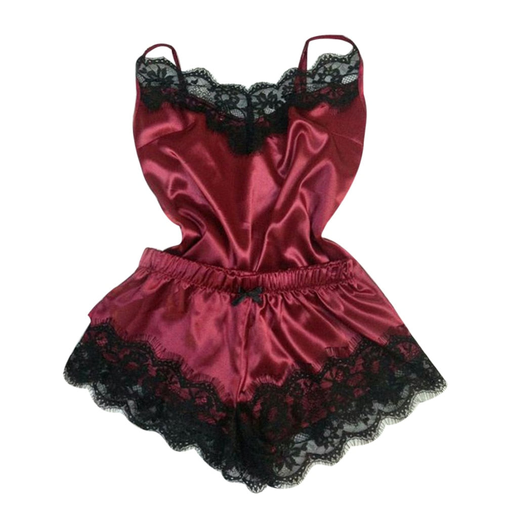 Women's Sleepwear Sexy Satin Pajama Set Black Lace V-Neck Pyjamas Sleeveless Cute Cami Top and Shorts pijama mujer algodon veran - 2bazar4
