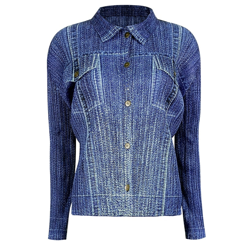 Miyake Denim Women's Korean Version Denim Shirt Spring Thin Top Slim Skirt Net Infrared Matching Suit - 2bazar4