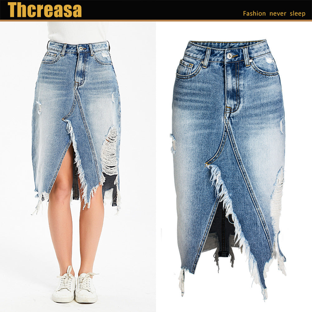 Women's Skirt Irregular Fringed Hole Denim Skirt Hip Lift Skirt Mid Skirt - 2bazar4