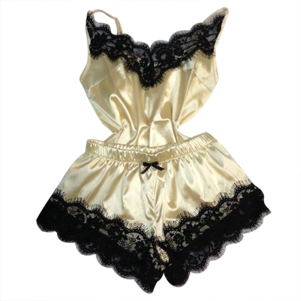 Women's Sleepwear Sexy Satin Pajama Set Black Lace V-Neck Pyjamas Sleeveless Cute Cami Top and Shorts pijama mujer algodon veran - 2bazar4