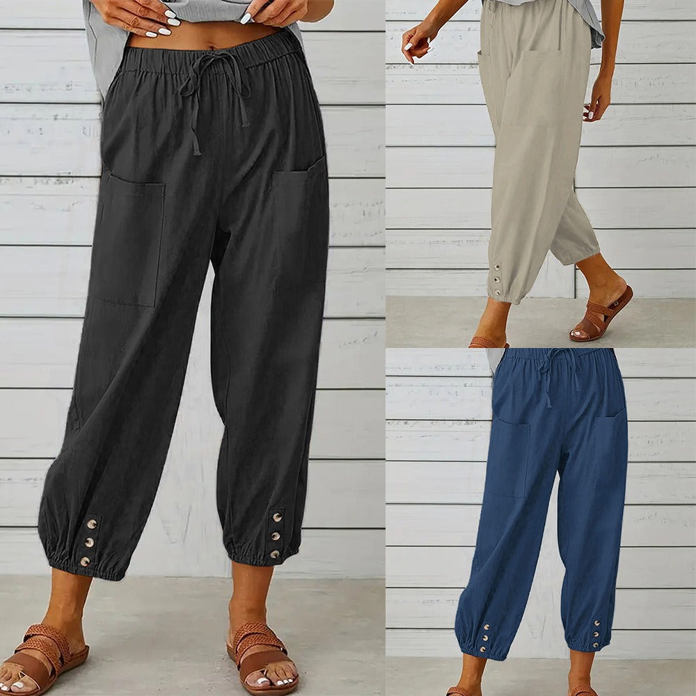Loose-fitting high-waist buttoned cotton and linen pants nine-point wide-leg women's pants - 2bazar4