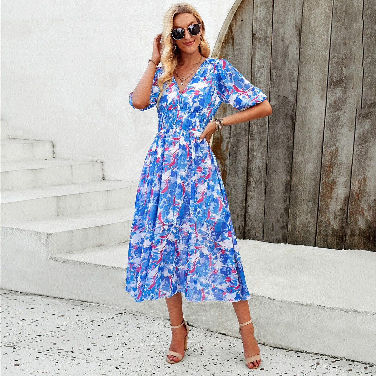 Spring/summer holiday casual print V-neck dress with waist tucked in - 2bazar4