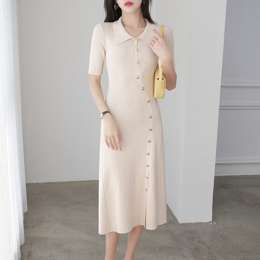 French Knitted Dress Women's Summer New Polo Neck Sexy Split Long Dress - 2bazar4