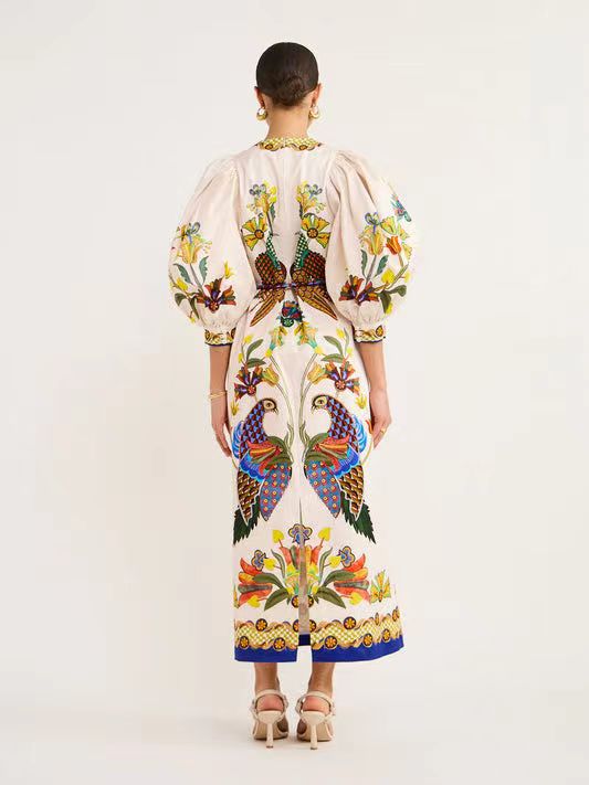 Elegant Birds Flower Printed Belts Dress Women Long Lantern Sleeve O-neck Female Dresses Summer Colorful Holiday Vestidos
