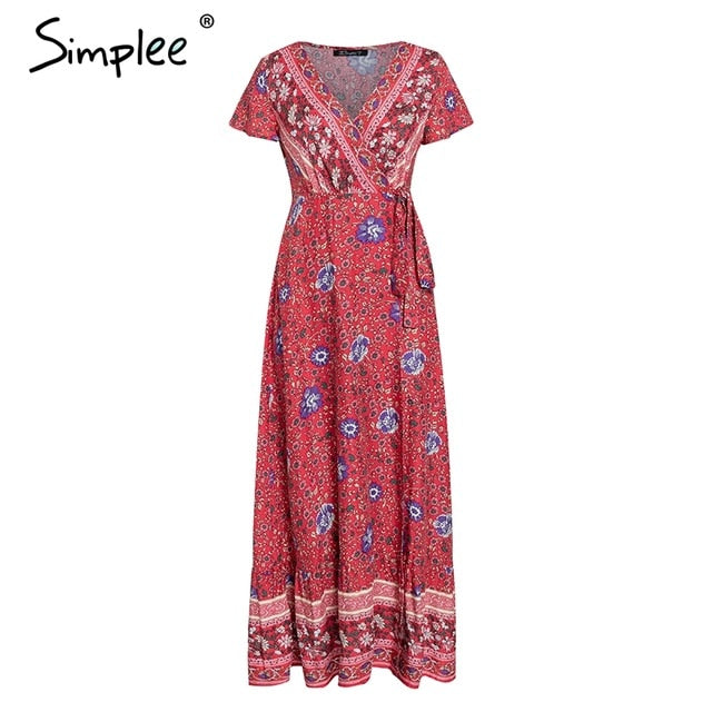 Simplee Vintage floral print summer dress Ruffle split sash sexy long dress Bohemian women dress holiday beach dress vestidos - 2bazar4
