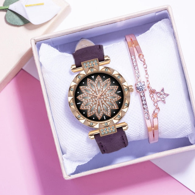 New Fashion Leather Strap Watch Women Quartz Watch Romantic Starry Sky Wrist Watch Bracelet Set for Women Gift Wrist Accessories - 2bazar4