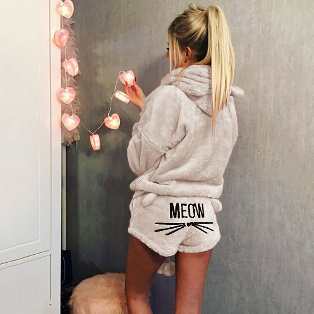 Women Pajama Sets Winter Warm Pyjamas Ladies Homewear Sleepwear Cartoon Cat Embroidery Female Nightgown Suit - 2bazar4