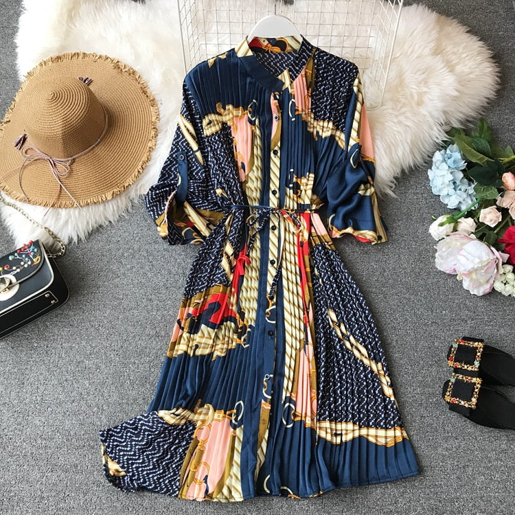 Spring Ladies Urban Chiffon Loose Printed Pleated Dress Women Fashion Festival Three Quarter Lantern Sleeves Knee-length Dress
