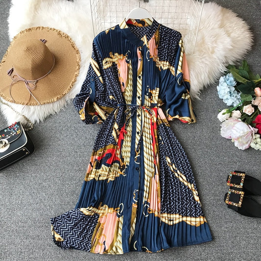 Spring Ladies Urban Chiffon Loose Printed Pleated Dress Women Fashion Festival Three Quarter Lantern Sleeves Knee-length Dress
