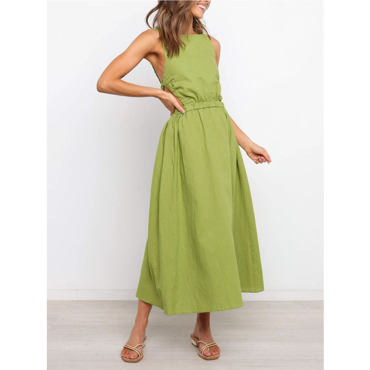 Summer Dress Sexy Sleeveless Sling Open Back Elasticated Waist Maxi Dress - 2bazar4
