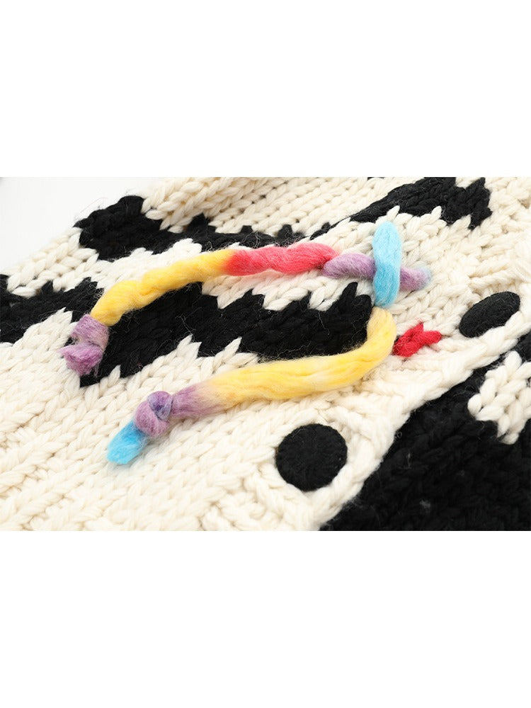 Handmade Needle Hook Flower Color blocked Tassel Thickened V-neck Knitted Cardigan Coat Sweater Top - 2bazar4