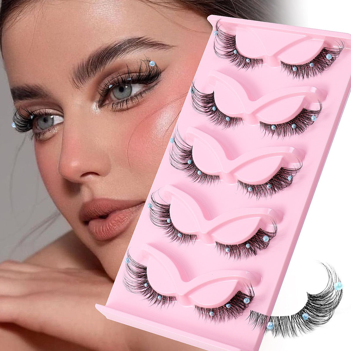Clear Band Corner Foxy Winged Cat Eye 3D Strip Lashes Silk Party Full False Eyelash Vegan Faux Mink Eyelash With Diamond Pearl - 2bazar4
