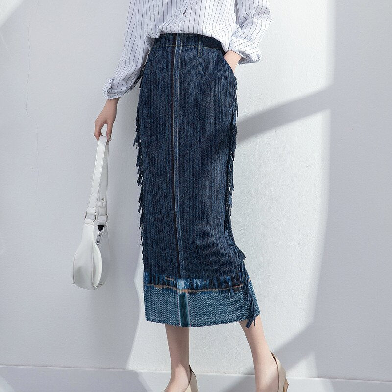 Pleated Hip Skirt New Women's Spring Fashion Large Size Casual Stretch Drape Imitation Denim Pleated Skirt - 2bazar4