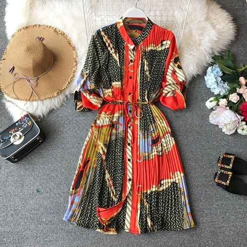 Spring Ladies Urban Chiffon Loose Printed Pleated Dress Women Fashion Festival Three Quarter Lantern Sleeves Knee-length Dress