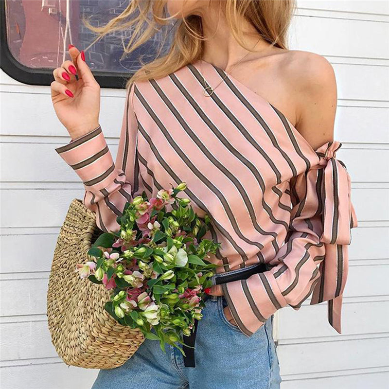 Summer Women Striped Loose Blouse Fashion Lady Off Shoulder Lace Up Shirts Female Elegant Tops - 2bazar4