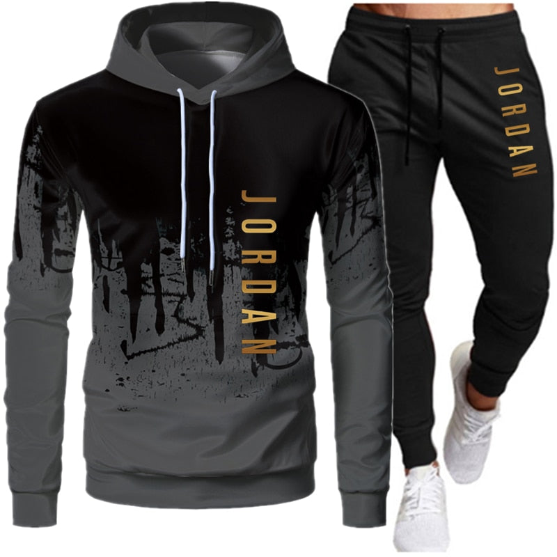 Sets Tracksuit Men Autumn Winter Hooded Sweatshirt Drawstring Outfit Sportswear Two Piece Set - 2bazar4