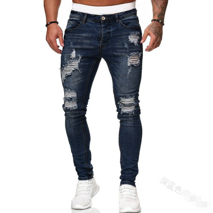 Adisputent Men's Sweatpants Sexy Hole Jeans Pants Casual Summer Autumn Male Ripped Skinny Trousers Slim Biker Outwears Pants - 2bazar4