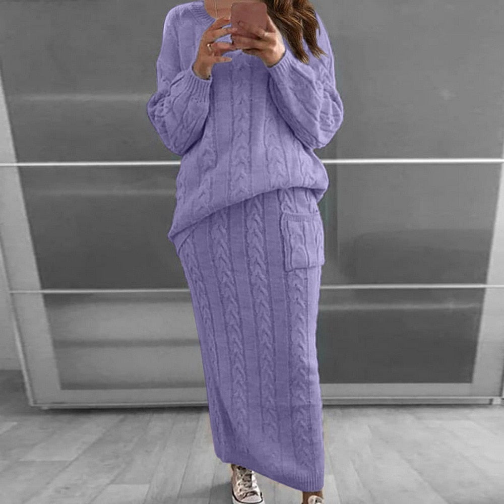 Women Winter Knitted Sweater Tops And Skirt Autumn Slim Crop Tops Women Sweater Skirts 2 Piece Sets - 2bazar4