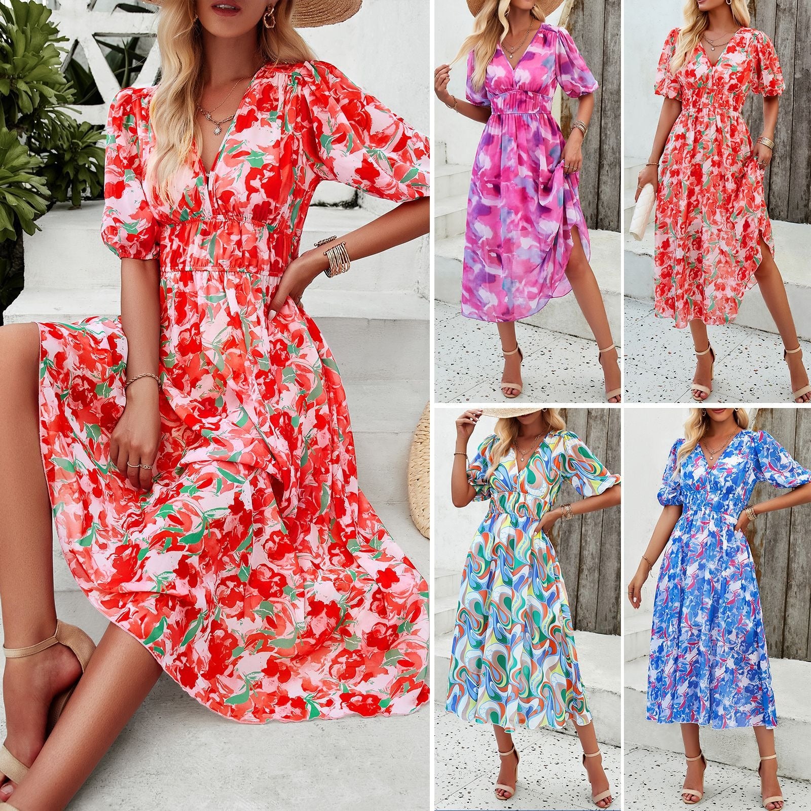 Spring/summer holiday casual print V-neck dress with waist tucked in - 2bazar4