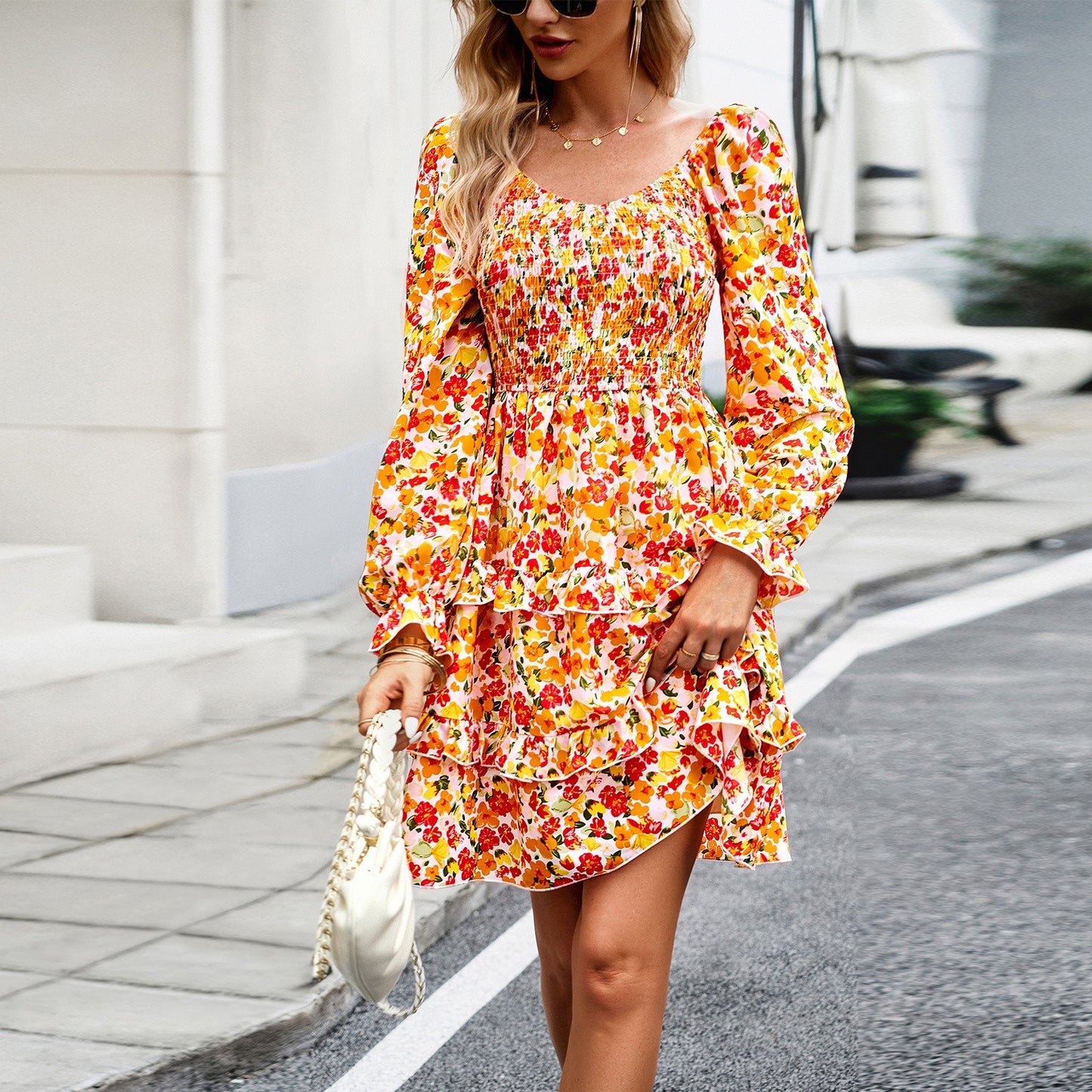 Dress Women's casual floral V-neck long sleeved skirt - 2bazar4