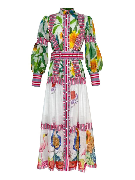 Print Long Dress For Women Stand Collar Lantern Sleeve High Waist Colorblock Midi Dresses Female Clothes Autumn New