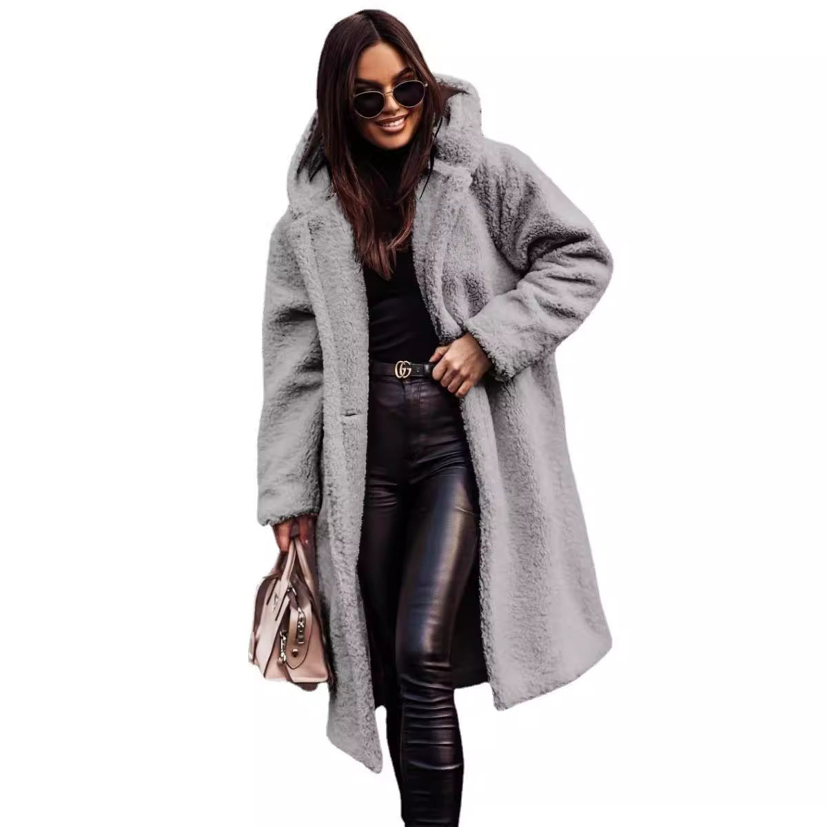 Long net color long sleeved woolen women's coat - 2bazar4