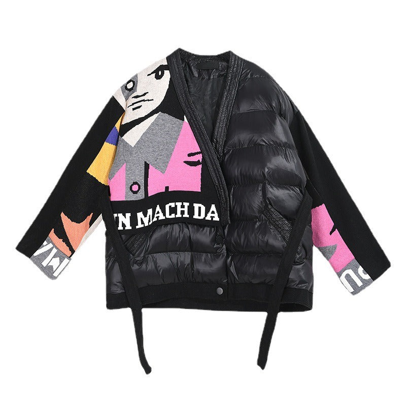 Knitted Letter Patchwork Stitched Lace Up Winter Outwear Jacket All Match Loose Leisure Warm Overcoat - 2bazar4